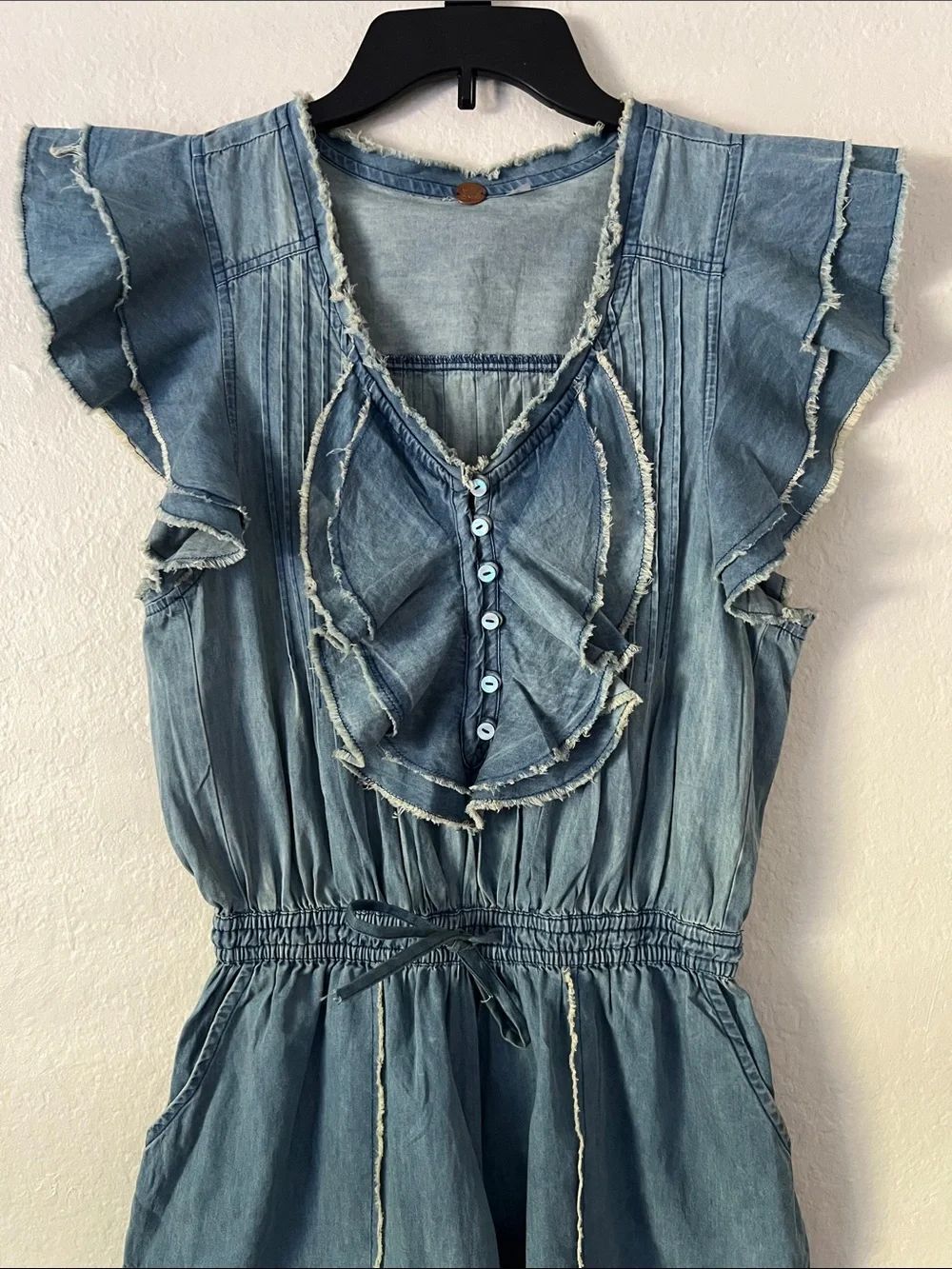 Free People Light Blue Washed Denim Ruffle Romper - Picture 5 of 16